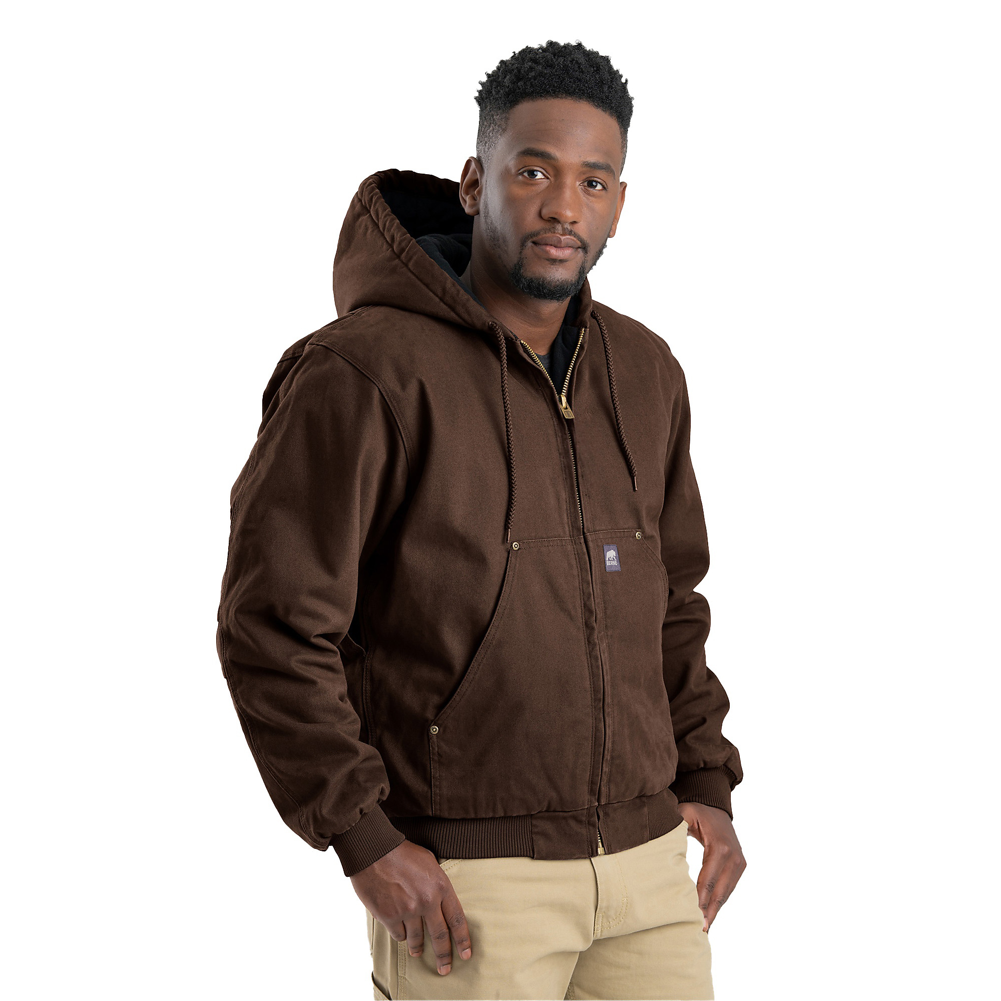 Berne Men's Original Washed Hooded Jacket - Quilt Lined, Bark, Large, Model# HJ375BBR440